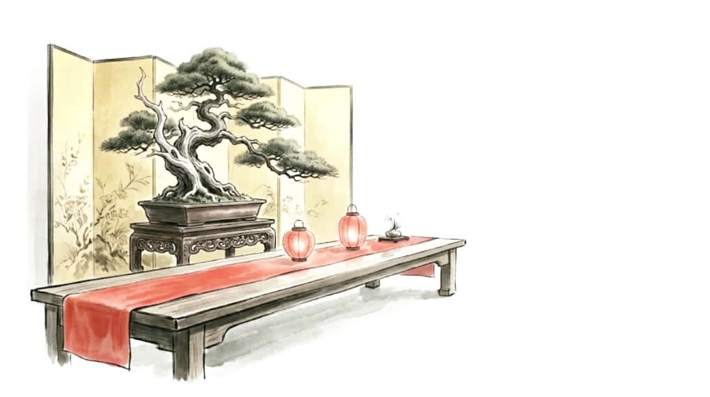 A bonsai on a low table with a red runner, set before a gold folding screen